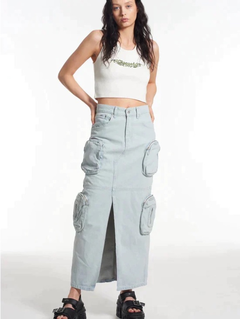 Ragged Priest Archive Zip Combat Cargo Maxi Skirt Stonewash - UK 16 / US 12